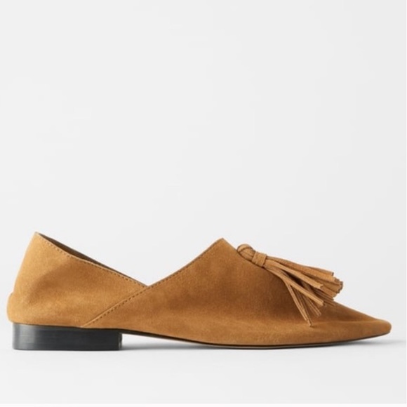 ZARA 100% Suede Leather Tan Moccasin Tassels Loafers Size 8 - Picture 3 of 12